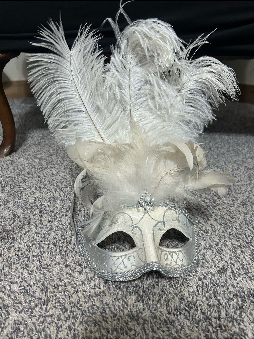 Ivory Feathered Masquerade Mask with Silver Trim